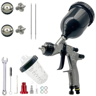 HVLP Pistolet pulvérisateur de peinture/vernis 1,3 mm/1,8 mm, buse inox, réservoir de 600 ml, réservoir de mélange de 400 ml et adaptateur, pistolet professionnel à alimentation par gravité