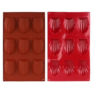 2 Pcs Moule à Madeleine en Silicone 9 Cavités Moule Antiadhésif en Forme de Coquille Mini Moulle de Cuisson Madeleine Pâtisserie Plaque pour Biscuits Chocolat Bonbons Pudding (Rouge Brique) (Rouge)