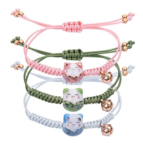 Yolev 3 Pièces Bracelet Chat Maneki Neko Mignon Chanceux en Perles Céramique Chaîne de Fortune Tressé Porte Bonheur avec Cloche Réglable