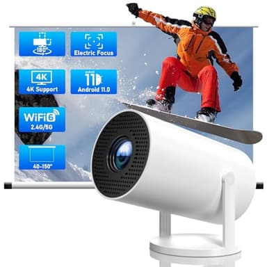 Videoprojecteur 4k Supportée, 720P Natif Mini Projecteur Android 11, Auto Keystone, Projecteur Portable Rotatif à 180° Supportée WiFi 6 BT5.4, 150 Pouces Smart Projecteur pour TV Stick HDMI USB