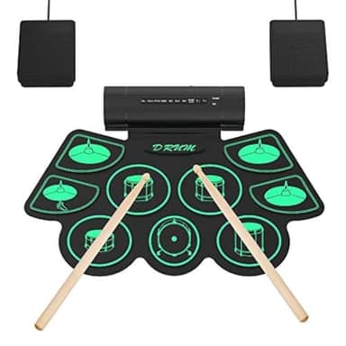 Batterie Électronique Drum Set, 9 Pads Batterie Électrique, Enceinte Intégré, Baguettes en Bois et Pédales, Roll Up Tambour pour Enfant Adulte Noël Anniversaire