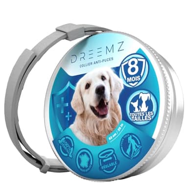 DREEMZ® Collier Anti Puces pour Chien - Collier Anti Puce Chien - Anti Tiques Haute Qualité - 8 Mois de Protection - 63cm Réglable Toutes Tailles - 100% Naturel - Imperméable déperlant (1 unité)