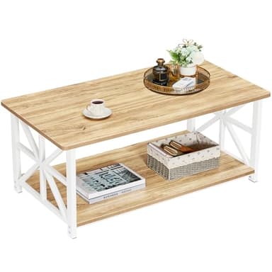 GreenForest Table Basse,Moderne de Salon,avec 2 Niveaux Rangement,X-Frame Métallique Pieds et Tray Design, Rectangulaire, Beige