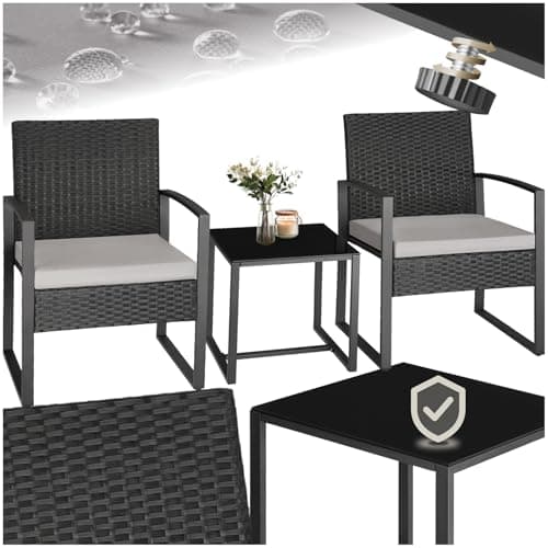 TecTake® Ensemble Salon de Jardin Exterieur 2 Chaise Confortable avec Table de Jardin en Poly Rotin et Acier, Mobilier de Jardin pour Amenagement Balcon Terrasse - Noir
