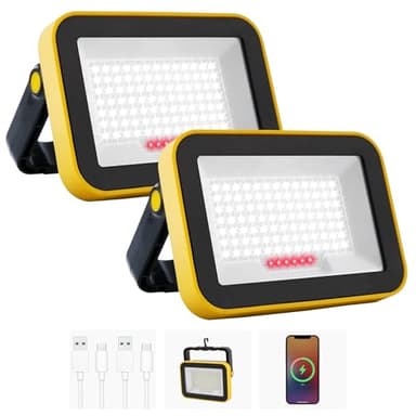 NATPOW Projecteur Led Rechargeable, 5 Modes Projecteur Led Chantier Batterie avec Câble USB, 4000mAh Lampe de Chantier Portable, IP65 Étanche Lampe de Travail pour Garage, Camping, Pêche, 2 Pièces
