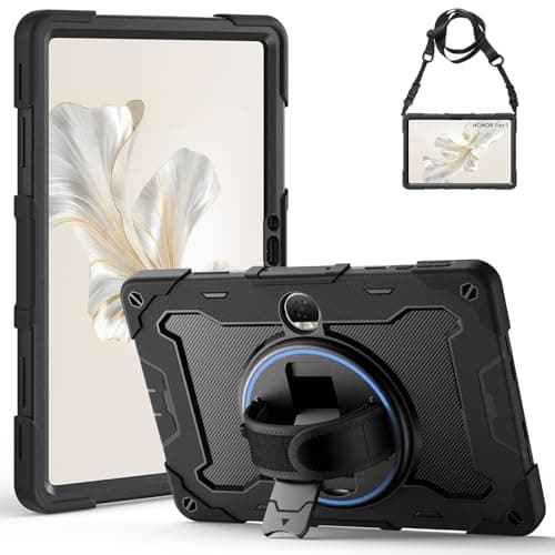 Gerutek Coque Antichoc pour Honor Pad 9 2024 (12,1 Pouces), Étui Armure Robuste avec Support Rotatif à 360 Degrés, Dragonne et Bandoulière Réglable, Protection Housse pour Honor Pad 9 12.1", Noir