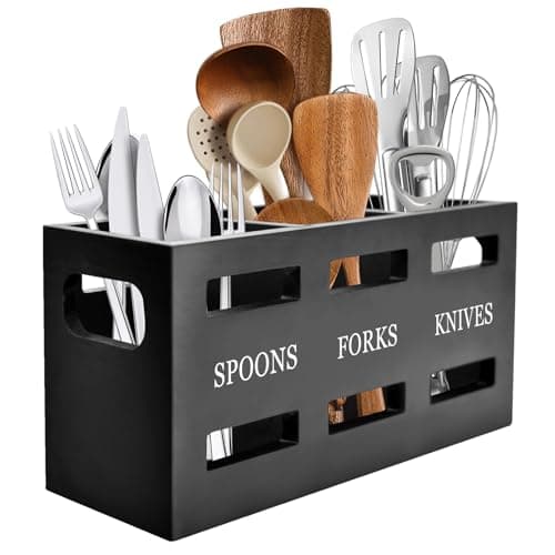 Yiomxhi Porte-ustensiles de Cuisine, 3 Compartiments Porte-Couverts en Bois Organiseur d’ustensiles pour Comptoir, Grand Rangement d'outils de Cuisine de Ferme (Noir)