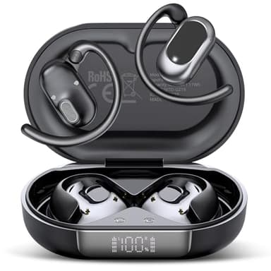 STECEi Open Ear Ecouteurs Bluetooth sans Fil, Écouteurs Bluetooth 5.4 Ouverts avec Écran LED, 36H HiFi Stéréo, Oreillette Sport avec 4 Mic, IP7 Étanche Casque Sport pour Running/Gym, Noir