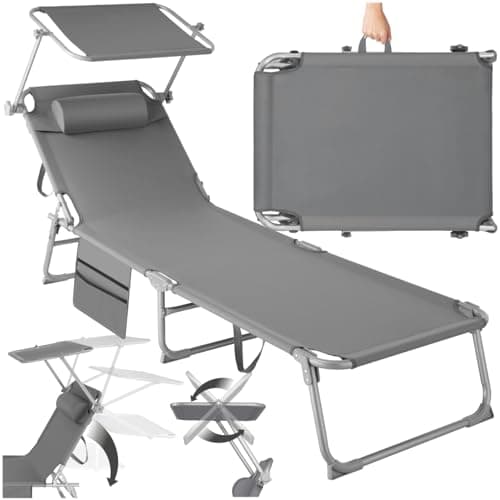 TecTake® Chaise Longue Pliante Bain de Soleil Avec Pare Soleil, Appuie-tête & Pochette - Inclinable Transat de Plage Relax Pour Jardin, Camping, Salon Exterieur