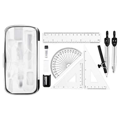 Amazon Basics Kit pour mathématiques 10 pièces - Inclut des compas, une mine, une gomme, un taille-crayon, un rapporteur, des équerres, une règle et une boîte de rangement