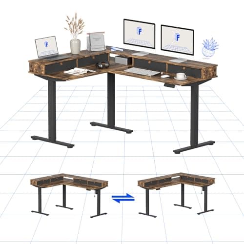 FLEXISPOT Bureau en Forme de L avec Tiroir 160 * 120, Table Réglable en Hauteur avec Conception Flexible et Espace de Rangement, Bureau d'angle Électrique (Marron)