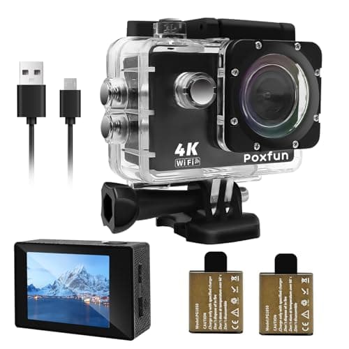 Poxfun Caméra Sport 4K, WiFi Caméra d'action Grand Angle de 170°Camera Sport Imperméable 30M, 2x1050mAh Batterie USB Rechargeable, pour Vélo/Surf/Saut/Ski