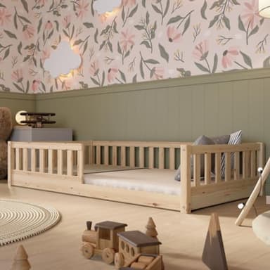 Crazy Pine Lit Enfant 190x90 cm – Lit Montessori au Sol en Bois Massif avec Barrière – Lit Sécurisé pour Tout-Petit – Design Scandinave, Montage Facile - Crazy Basic