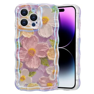EYZUTAK Étui de Téléphone pour iPhone 13 Pro Max,Coloré Vintage Peinture à l'huile Fleur Cas de Téléphone Brillant Curly Wave Frame TPU Cas de Téléphone à la Durable Rayures Cas de Protection-Rosa