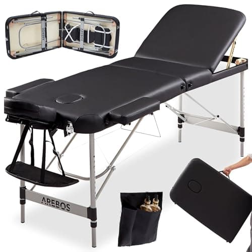 Arebos Table de massage mobile à 3 zones - Table de massage pliable - Hauteur réglable - En aluminium - Avec accessoires, appuie-tête, accoudoir et sac de transport - Noir