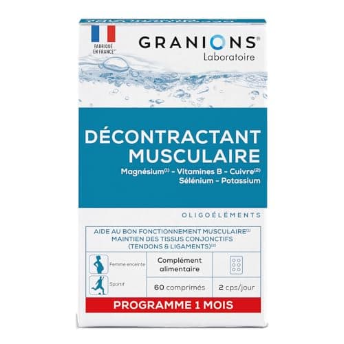 GRANIONS Décontractant Musculaire Crampes, gênes, raideurs musculaires Magnesium, Vit B, Cuivre, Selenium, Potassium Pour toute la famille Fabriqué en France 60 comprimés