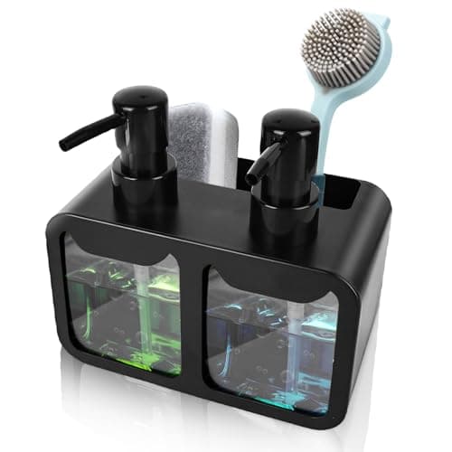 SPORWAY Distributeur de savon liquide vaisselle : 350 ml Distributeur de savon de cuisine avec porte-éponge et porte-brosse, organisateur d'évier avec bac d'égouttement pour cuisine, salle de bain