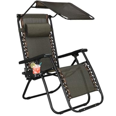 SPRINGOS Chaise Longue de Jardin Pliante avec Repose-Pieds & Pare-Soleil, appuie-tête, accoudoirs, Poche latérale & Tablette, transat inclinable 110x67x175 cm, Charge Max. 120 kg, Beige-Marron