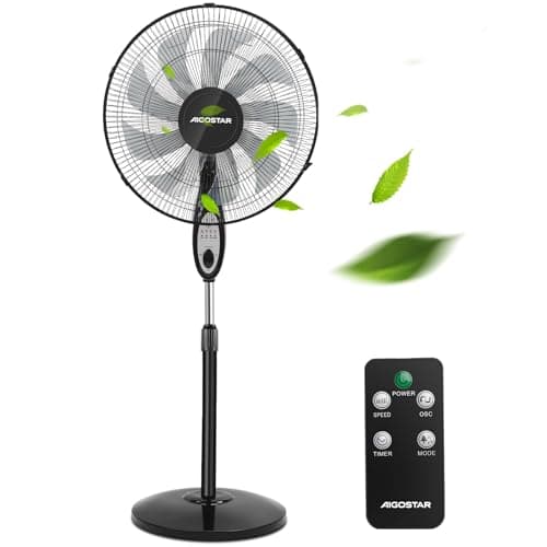 Aigostar Ventilateur sur pied silencieux, 9 pales, télécommande, 3 vitesses, 3 modes, minuterie de 7,5 heures, oscillant à 80°, ventilateur à hauteur réglable, base antidérapante, 60 W, Carr