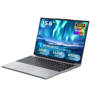PC Portable Win11, 15,6 Pouces Ordinateur Portable 16Go LPDDR4 RAM 512Go SSD, Celeron N5095 CPU, Clavier Rétro-éclairé/Déverrouillage Empreinte, 180°Flip 1080P Écran Laptop, Webcam+BT4.2+USB3.0+WiFi5