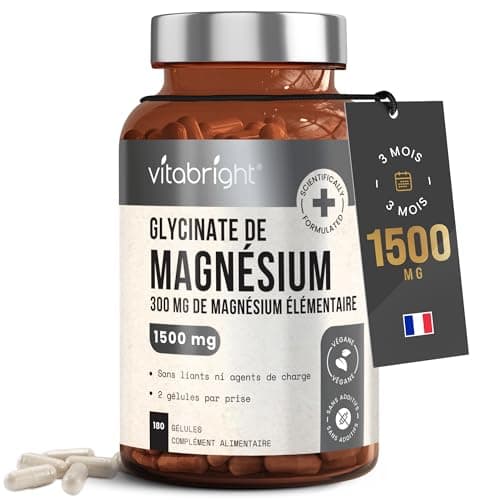 Magnesium Bisglycinate 1500mg, 3 Mois, 300mg de Magnesium Pur Élémentaire en Poudre, 180 Gelules de Magnesium Bio, Magnésium Bisglycinate/Bisglycinate de Magnésium Bio, VitaBright Magnesium Glycinate