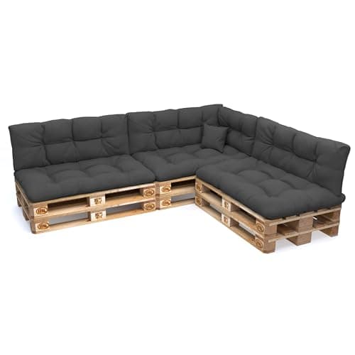 POKAR Set de 8 Coussins pour Palettes Euro Déperlant: 3X Assise 120x80cm + 3X Dossier 120x40cm + 1x Dossier 60x40cm + 1x Coussin 40x40cm, Canapé de Jardin, sans Palette, Anthracite
