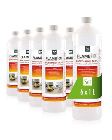 Höfer Chemie Bioéthanol 96,6% Premium 6 x 1 L - pour Cheminée de Table, Cheminée & déco de Jardin - sans Fumée ni suie - A Base de maïs & de Betteraves