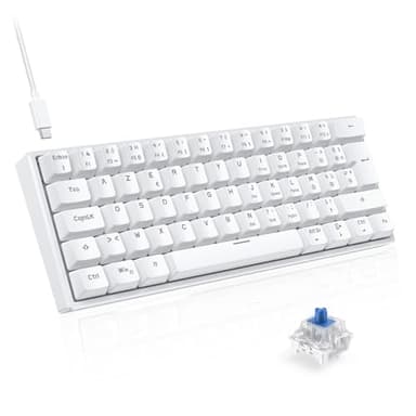 TECURS Clavier Mecanique Gaming AZERTY, Clavier Gamer de Jeu Filaire, 60% Clavier Mini LED Rétroéclairé, Anti-Ghosting, Switchs Bleu pour PC/Windows/PS4/PS5, Blanc