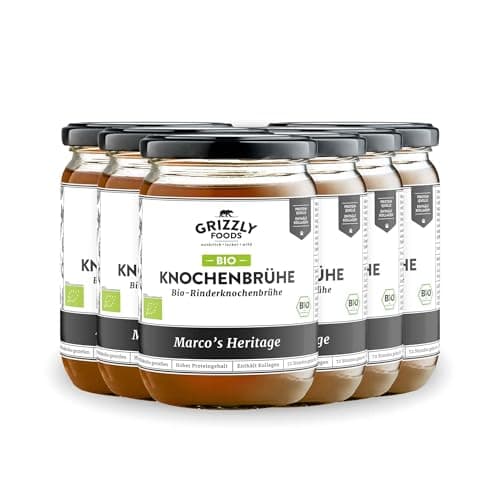 Grizzly Foods Bouillon d'os de bœuf bio (6 x 500 ml) - 25 g de collagène par verre - Cuit pendant 72 heures - 100 % naturel - Sans sucre, sans additifs - Nutriments précieux - Bone Broth - Bouillon