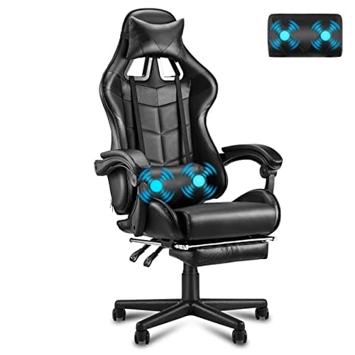 Soontrans Chaise Gaming Racing Chaise Gaming Massante, Siege Gaming avec Soutien Lombaire Massage et Appui-tête, Dossier Haut, Fauteuil Gaming Pivotant pour Youtube Livestream Playstation (Noir)