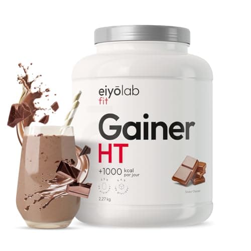 GAINER HT | Proteine Whey + Isolate + Maltodextrine | Gainer Prise de Masse Musculation | 5 Sources de Protéines + 2 Sources de Glucides + MCT | Boisson Shaker Goût Chocolat | 2,27 kg | Eiyolab