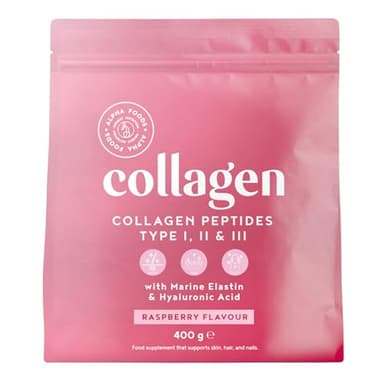 Collagene Poudre [400gr] | Collagen Peptides (Type I, II & III) | Élastine Marin + Acide Hyaluronique | Collagène Hydrolysé en Poudre | Goût Framboise | Alpha Foods