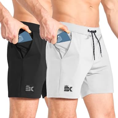 BROKIG Lot de 2 CeintSanté Shorts Sport Homme Légers Short Musculation Séchage Rapide Short de Running Poche Zippée(Noir/Gris Clair,L)
