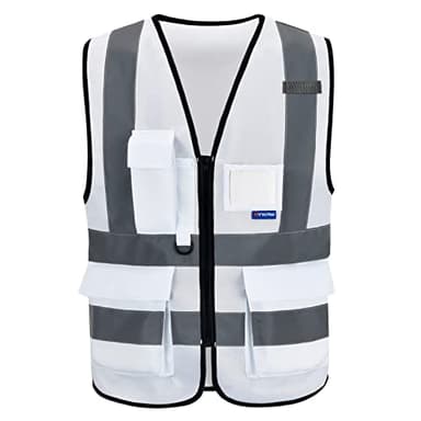 AYKRM Plusieurs Couleurs 7 Poches de Classe 2" Gilet de sécurité Haute visibilité Devant avec des Bandes réfléchissantes, Gilet Blanc - Unisexe