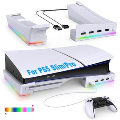 FASTSNAIL Support Horizontal avec éclairage LED RVB pour Console PS5 Slim/Pro，Base antidérapante avec 4 Ports USB, Accessoire pour Playstation 5 Slim/Pro Disc&Digital Edition