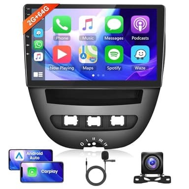 2G+64G Sans Fil Carplay Android Autoradio 2 Din pour Toyota Aygo/Peugeot 107/Citroën C1 2004-2014 10.1 Pouces Autoradio avec Android Auto GPS Navi WiFi Mirror Link Bluetooth FM/RDS/DAB Caméra de Recul