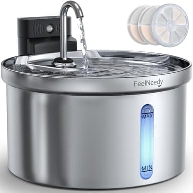 FEELNEEDY 3,5L Fontaine à Eau Robinet pour Chat sans Fil avec Batterie 4000mAh, Fontaine a Eau Chat Silencieuse INOX Detecteur de Mouvement, avec 3 Filtre (Acier Inoxydable)
