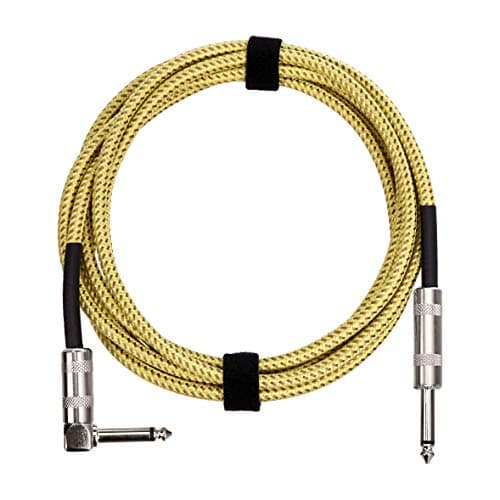 Amazon Basics Auxiliaire Câble pour Guitare Électrique, Basse, Claviers, Tressé, Connecteur 6,35mm à Angle Droit, Silencieux, 3 m - Jaune & Marron
