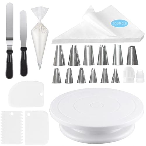 Plateau Tournant à Gâteau - Kit de Décoration avec Spatules, Lisseur, Grattoir, Poches à Douille et Accessoires de Pâtisserie