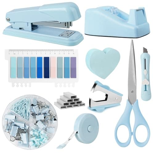 OFFCUP Ensemble de Fournitures de Bureau, Kit d'accessoires de Bureau, Distributeur de Ruban Adhésif, Dissolvant d'agrafes, Agrafeuse aevc Agrafes, Ciseaux, Notes Autocollantes pour Maison L'éCole