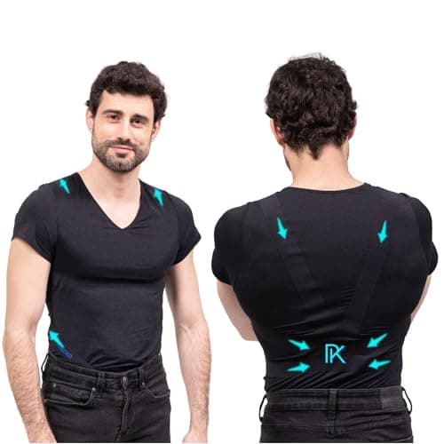 PERCKO - T-Shirt Discret pour Homme - Technologie Brevetée - Soulage le Mal de Dos - Manches Courtes - Col V - Noir - Taille H2 P2