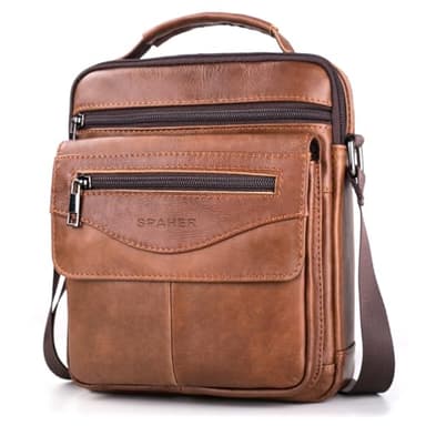 SPAHER Sacoche Homme Cuir Véritable Sacoche Homme Bandouliere Pochette Homme Grand Sac Bandoulière Homme Sac Porté Epaule Sacs Business Sacs à Main Voyage pour Ipad 11 Pouces Marron