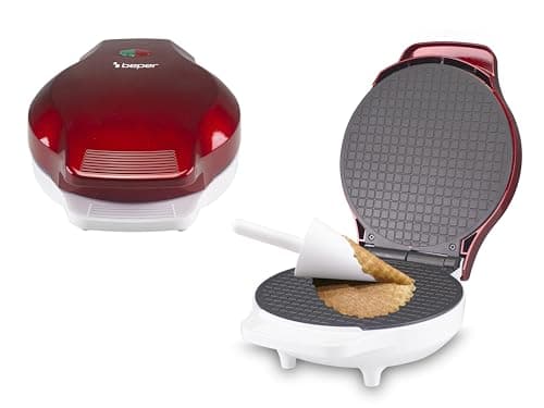 BEPER P101CUD002 Gaufrier électrique, 1000 W, Gaufrier pour cônes 18 cm, Poignée isolante, Accessoires pour cônes inclus, Blanc/Rouge