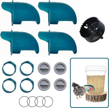 Whimsii Mangeoire Automatique pour Poulet sans gaspillage, Anti-rongeurs, résistante aux intempéries, pour Poulets et Canards (4 mangeoires + scie Cloche)