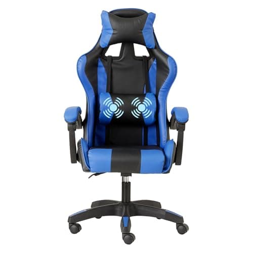 Baroni Home Chaise de Gaming Ergonomique avec Massage Lombaire, Chaise de Jeu Inclinable avec Coussins d'Appui-Tête et Support Dorsal Réglables, Chaise de Bureau Bleu, 50x55x117 cm