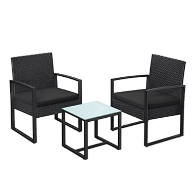 SONGMICS Salon de Jardin Extérieur, Ensemble de Mobilier, 3 Pièces, Surface Tressée en PE, pour Bistrot, Terrasse, Jardin, Balcon, Montage Facile, 2 Chaises et 1 Table, Noir GGF010B05
