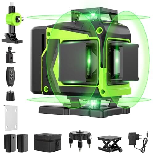 Niveau Laser Chantier Autonivelant 360° x 4, Lazer Niveaux 4D 16 Lignes Laser, Autonivellement et Mode Pulsé Extérieur, 2 x Batterie, Nivellement Automatique, Support Rotatif, Télécommande