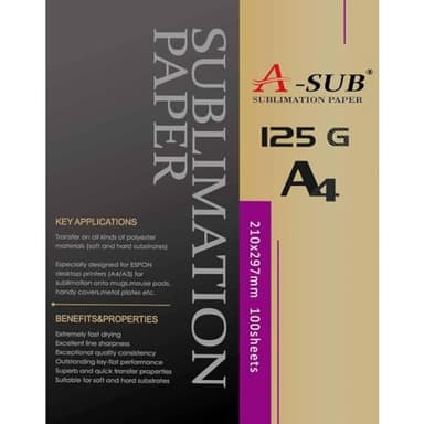 A-SUB Papier de sublimation A4, 210x297 mm, 100 feuilles, 125 g/m², Compatible avec les imprimantes à sublimation EPSON, SAWGRASS, RICOH, BROTHER