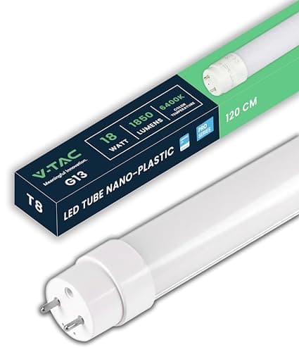 V-TAC Tube LED 120 CM - T8 G13-18W -1 850 Lumens - Puce Samsung - Tubes LED pour Plafond, Mur, Garage, Magasin - Tube forme T8 - Remplacement des Néons - Lumière 6500K Blanche Froid
