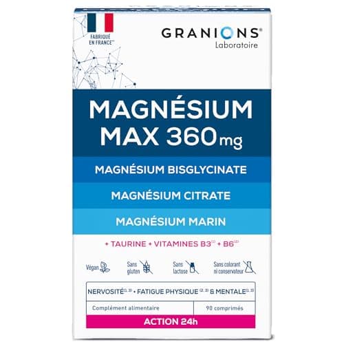 GRANIONS MAGNESIUM MAX 360 - Magnesium Bisglycinate, Magnesium Marin, Citrate de Magnesium - Complement Alimentaire Anti Stress - Vitamine B6, Fatigue Stress - Action 24H - 90 comprimés - 1 MOIS